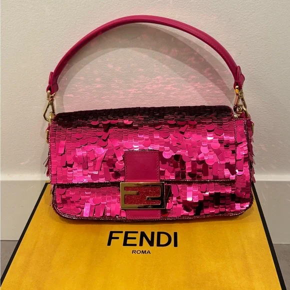 Fendi Fuchsia Pink Sequin Baguette Gold Hardware ‘Sex and the City’ New Rare - Picture 1 of 15